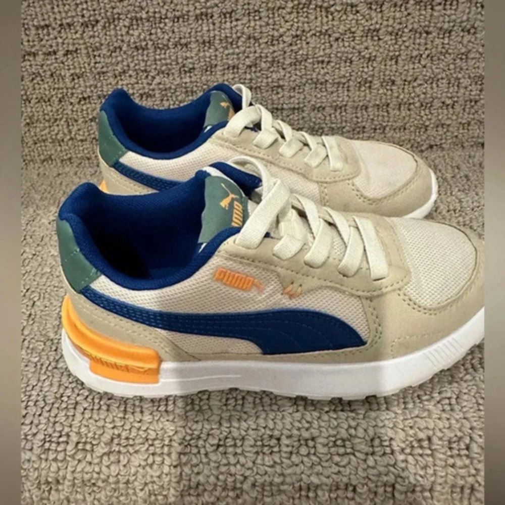 Puma little boys shoes tan blue orange color elastic lace size 13C